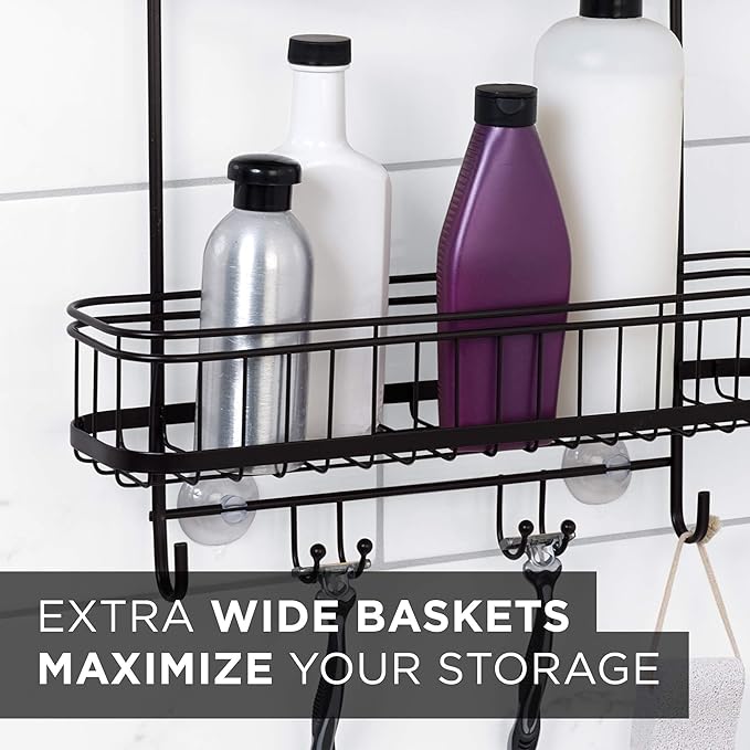 Zenna Home Shower Caddy Hanging Bathroom Organizer, Steel Shower Rack with 2 Extra Wide Shelves and Built in Hooks, Rust-Resistant Over Shower Head Caddy Storage System, Bronze
