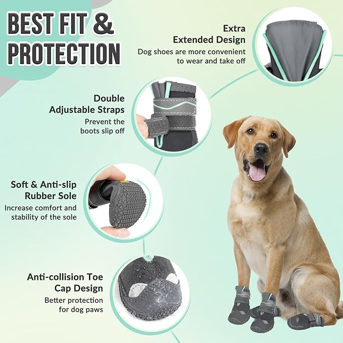 SlowTon Dog Shoes for Large Small Medium Dogs - Waterproof Dog Boots for Summer Hot Pavement, Paw Protector for Outdoor Walking Winter Snow, Anti-Slip Rubber Dog Booties for Hardwood Floor (Grey, 3)