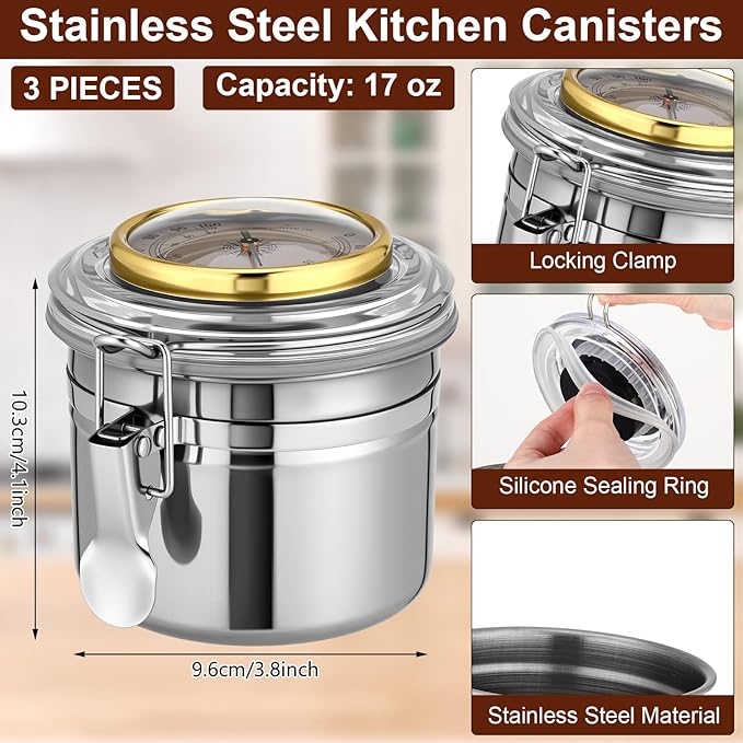 3 Pcs 17 oz Stainless Steel Container with Hygrometer & Humidifier Kitchen Food Storage Jar with Sealed Lid Airtight Coffee Canister for Coffee Bean, Tea, Candy, Snacks, Cereal Storage