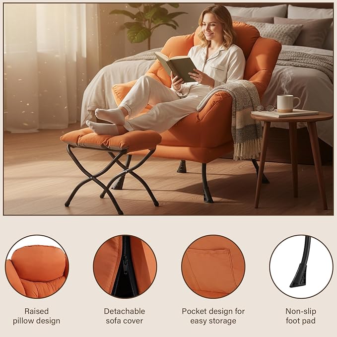 Welnow Lazy Chair with Ottoman for Living Room, Modern Reading Lounge Accent Chair with Armrests and a Side Pocket, Leisure Upholstered Lazy Sofa for Small Space, Bedroom, Dorm, Orange