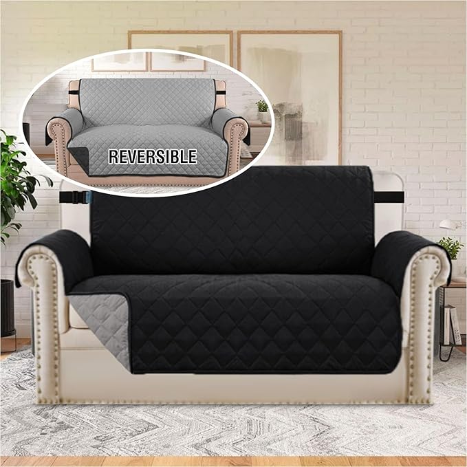 H.VERSAILTEX Reversible Loveseat Cover Loveseat Slipcover for 2 Cushion Couch Water Resistant Dog Protector Furniture Cover for Pets Non Slip Sofa Couch Cover with Elastic Strap(Loveseat, Black/Grey)