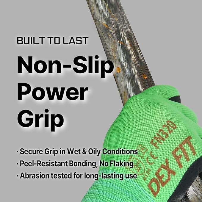 DEX FIT Nylon Work Gloves FN320, 3D Comfort Fit, Power Grip, Lightweight & Breathable, Touchscreen, Gardening, Yard Work, Warehouse, Delivery Driver Gloves; Green 7 (S) 3 Pairs