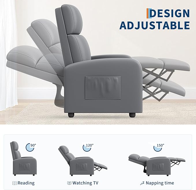 Garvee Recliner Chair for Adults, PU Leather Lazy Recliner Ergonomic Adjustable Single Sofa Enhanced with Side Pocket, Tall Back, Wide Arms & Padded Seat, Home Theater Seating for Living Room