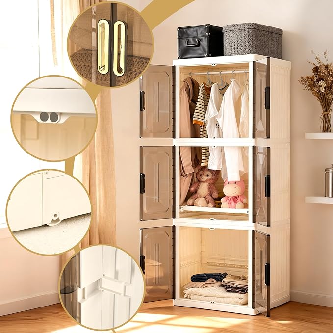 SAYMA 3 Layer Portable Wardrobe Closet Pet, Pet Collapsible Clothes Storage Organizer, White Plastic Foldable Wardrobe Cabinet with Doors & Wheels (3 Layer)