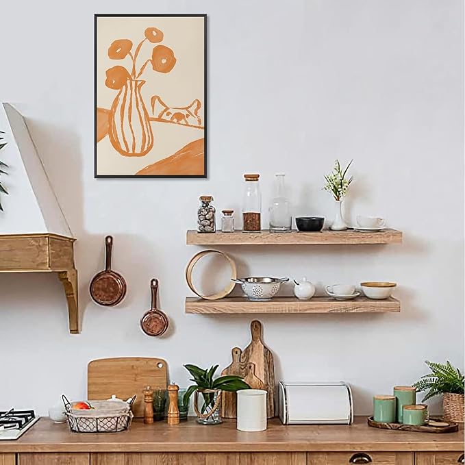 Funny Sneaky Dog Poster Retro Still Life Kitchen Canvas Wall Art Modern Abstract Floral Watercolor Animal Prints Painting For Living Room Kitchen Dining Room Wall Decor 24x36in Framed