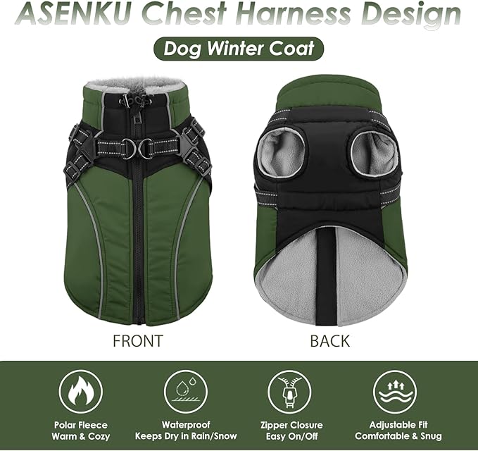 ASENKU Reflective Dog Coat with Built-in Harness, Windproof Fleece-Lined Dog Jacket for Small, Medium, Large Dogs, Warm Winter Vest with Turtleneck & Zipper (Green S)