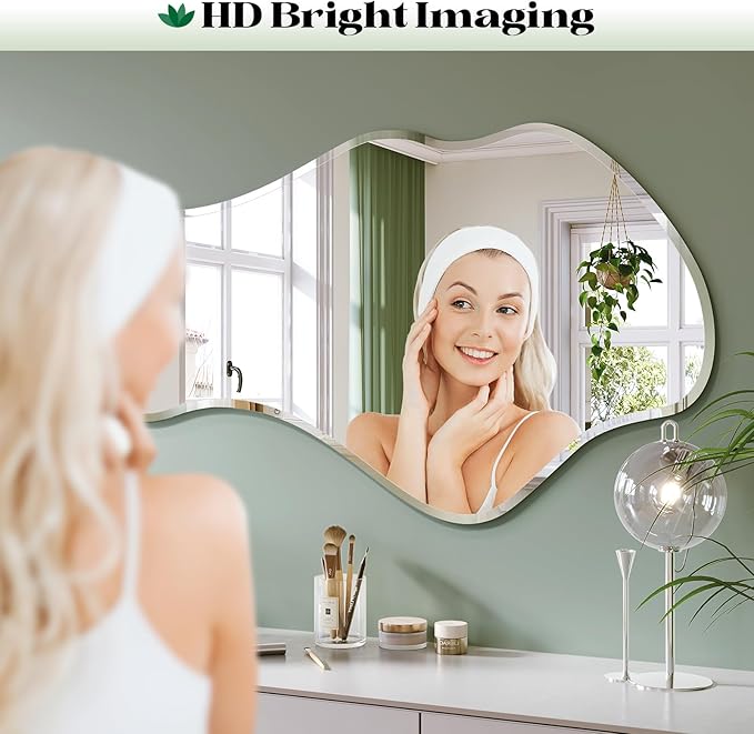 Irregular Wall Mirror, 20”x36” Frameless Asymmetrical Mirror, Beveled Frameless Funky Wavy Wall Mirrors for Entry Way Modern Bathroom Bedroom Living Room