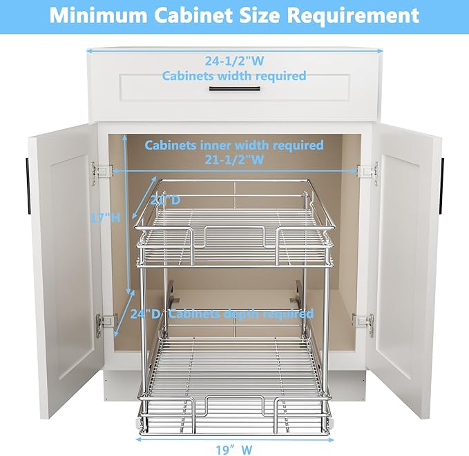 LOVMOR 2-Tier Cabinet Organizer, 20" W x 21" D Pull Out Drawer for Base Cabinet, Chrome Home Organizer, Silver