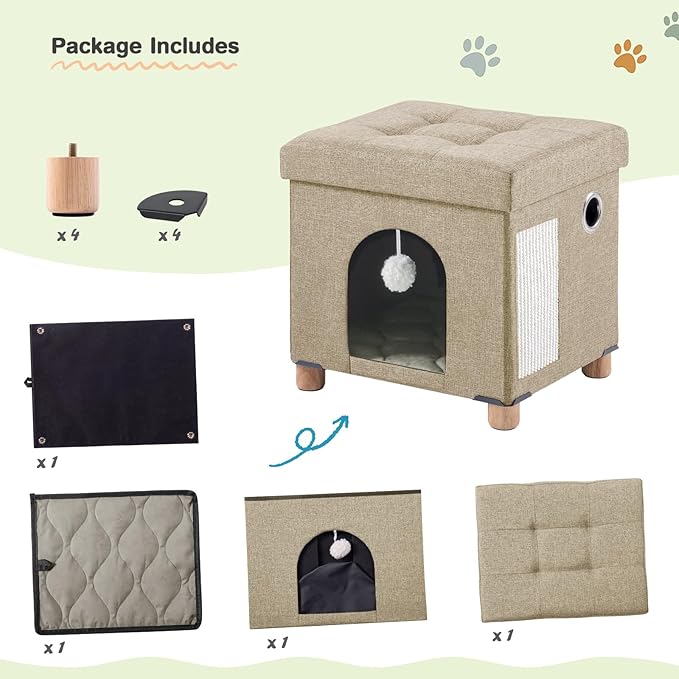 BRIAN & DANY Foldable Cat House, Cat Cave, Cat Cube with Scratch Board & Ball, 14.7" x 14.1” x 12.7”, Light Khaki
