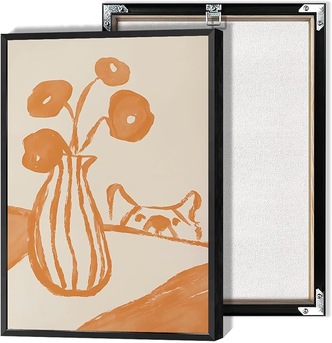 Funny Sneaky Dog Poster Retro Still Life Kitchen Canvas Wall Art Modern Abstract Floral Watercolor Animal Prints Painting For Living Room Kitchen Dining Room Wall Decor 24x36in Framed