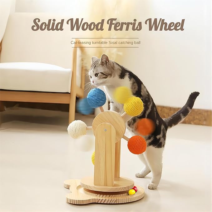 Solid Wood Turntable Toy,Ball Track Interactive cat Toy with Colourful Sisal Balls,Ferris Wheel Cat Toy with Rotating Platform and Durable Balls for Indoor cat