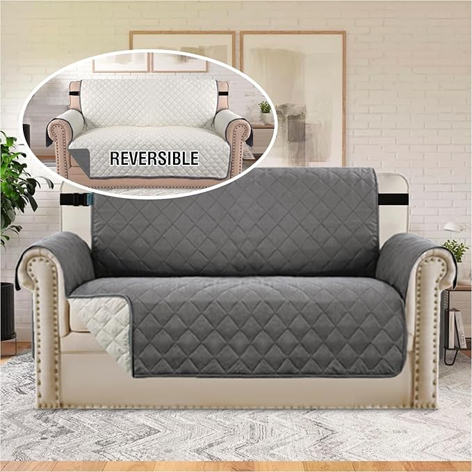 H.VERSAILTEX Loveseat Protector for Dogs/Pets Loveseat Slipcover Quilted Furniture Protector with Non Slip Elastic Strap Water Resistant Loveseats Seat Width to 46"(Loveseat, Charcoal Grey)
