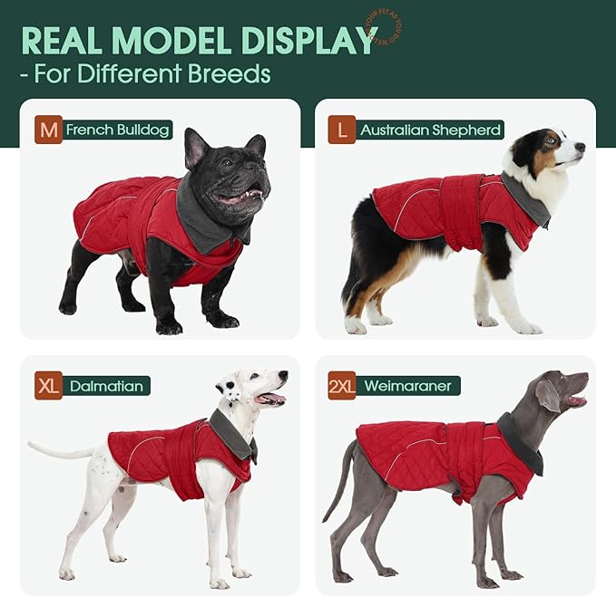 Kuoser Dog Coat Thermal Fleece Lined Dog Jacket, Adjustable Hook & Loop Dogs Coats for Medium Dogs Windproof Reflective Puppy Snow Jackets Pet Cold Weather Clothes with Harness Hole, Red, M