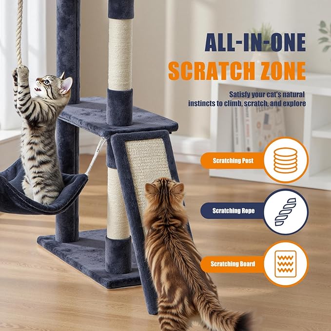 63 inch Multi-Level Cat Tree Tower 63 with Scratching Posts, Cozy Perches and Stable Climbing Platform for Indoor Cats,Dark Grey