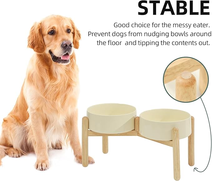 Ceramic 8.2inch Raised Dog Bowl with Stand for Large- Breed Dogs, Pet Food and Water Feeder (Double Bowl with Stand - Light Yellow)