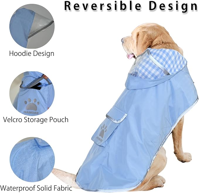 MAMORE Dog Raincoat Reversible,Waterproof Dog Rain Coat Hooded Slicker Poncho with Reflective Strip, Plaid Double Layer Rain Jacket for Small Medium Large Dogs (Light Blue, Medium)