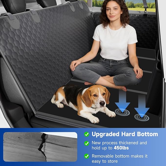 Dog Car Seat Cover for Back Seat Waterproof Oxford Fabric, Hard Bottom Seat Extender, Scratchproof, Anti-Slip, Dog Hammock for Car with Mesh Window, Fit Full Size Truck, Black