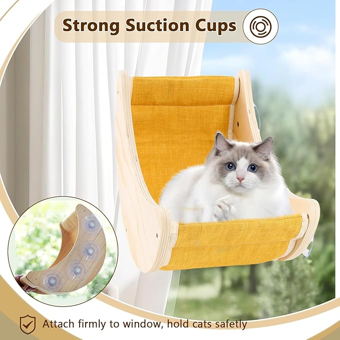 Window Cat Bed, Suction Cup Cat Window Perch for Large Cats, Moon Shelves Cat Hammock for Window, Wall Mounted Solid Wood Cat Bed for Sleep Watch Birds Sunbathing, Holds 50 Pounds