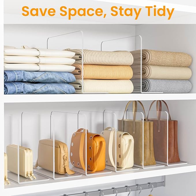 Purse Organizer for Closet Shelf Dividers - 10" Tall X 12" Deep Clear Acrylic Shelf Dividers for Closet Organization - Free-Standing Adhesive Design for Wood & Wire Shelves Bedroom Kitchen 12 Pack