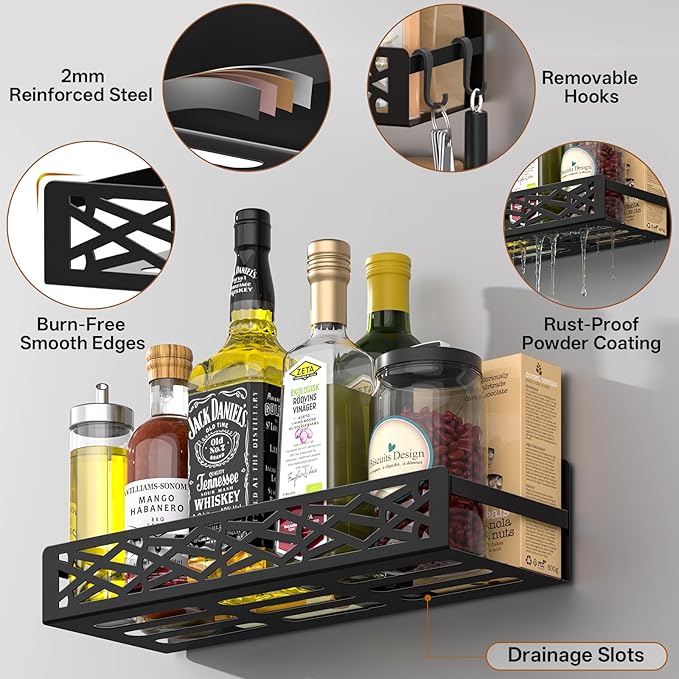 4 Pack Magnetic Spice Rack for Refrigerator, Heavy Duty Metal Magnetic Fridge Spice Rack Organizer with 4 Hooks, No Drilling Rustproof Spice Storage for Kitchen Organization,11LB Load Capacity