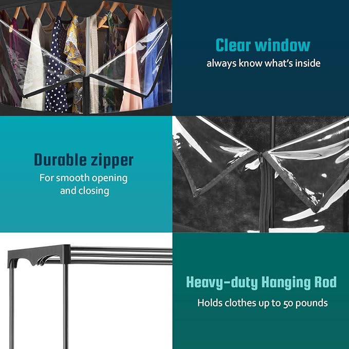 Whitmor Portable Wardrobe Clothes Storage Organizer Closet with Hanging Rack - Extra Wide -Black Color - No-tool Assembly - Extra Strong and Durable - 60"L x 19.5"W x 64"
