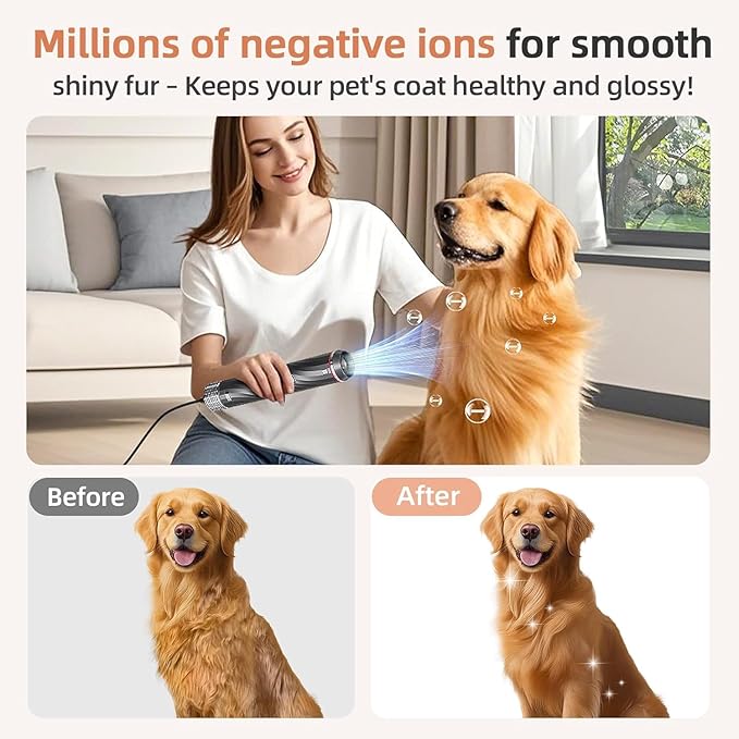 Dog Hair Dryer with Slicker Brush, High Velocity Pet Blow Dryer for Grooming, Low Heat Low Noise Dog Grooming Supplies for Home Use, Includes 4 Nozzles for Drying & Brushing, Gray