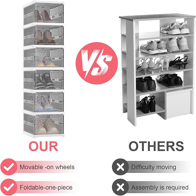 Foldable Shoe Storage Organizer, Stackable Boxes for Closet, Foldable Space-Saving Shoe Rack for Sneaker Boot Container, Acrylic Shoe Cabinet Shoe Box（6 Pack, Black