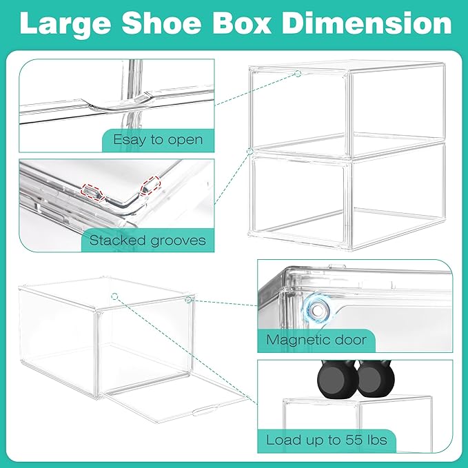 2 Pack Drop-Front Clear Shoe Storage Box Acrylic Box Shoe Organizer Size 12, Stackable Shoe Tower with Magnetic Door Storage Cubbies for Sneaker Containers Boot Display & Closet Organization