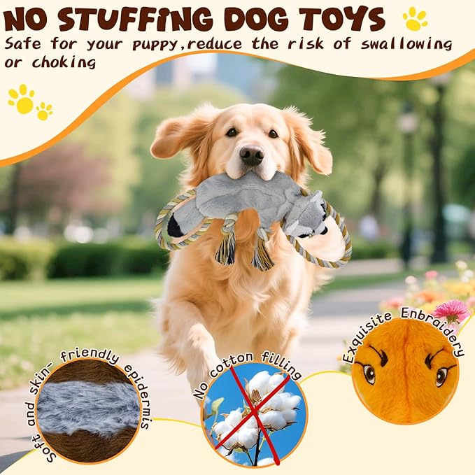 Dog Squeaky Toys, No Stuffing 3-Pack Toys, Rope to Keep Puppy Busy, Perfect for Tug of War Game, Animal Shapes Dog Toys Bundle for Large, Medium Puppies.(Raccon, Honeybadger, Fox)