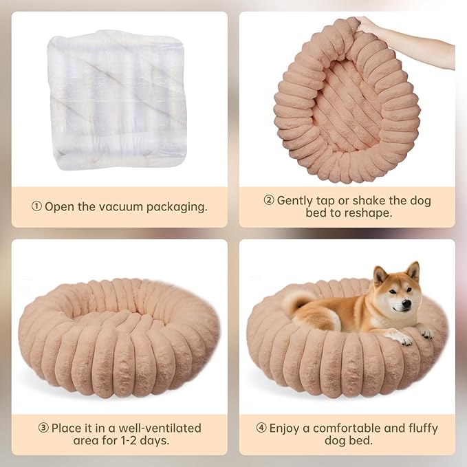 Donut Dog and Cat Bed, Luxurious Comfortable Faux Rabbit Fur Pet Beds, Soft Anti-Anxiety Calming Puppy Kitten Bed with Anti-Slip Bottom for Small Medium Dogs & Cats(20", Brown)