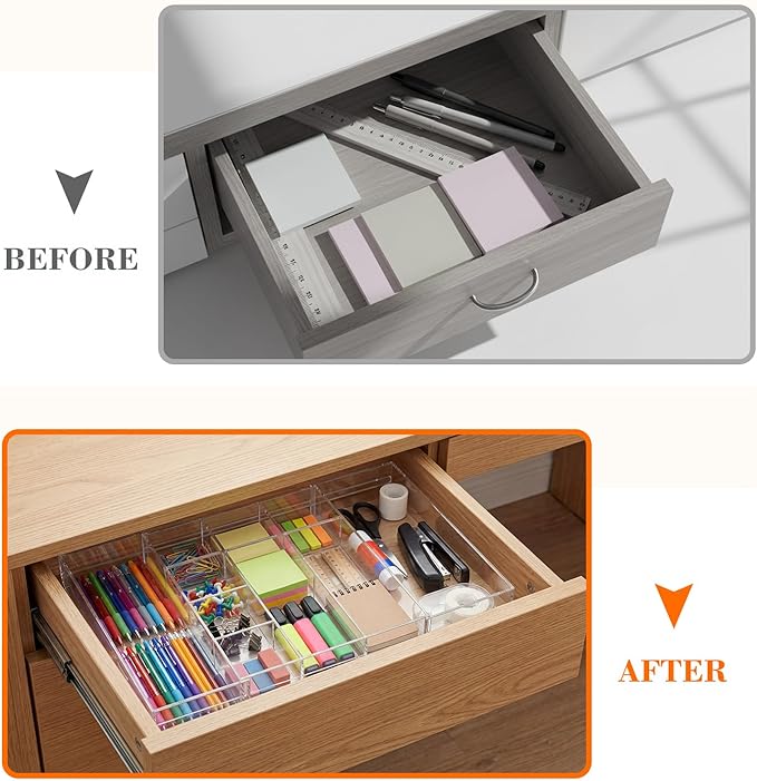 1 Pcs Acrylic Desk Drawer Organizer 2 Inch Height Expandable Drawer Organizer Trays with 10 Adjustable Compartments Desk Accessories for Makeup Silverware Office Bathroom(Clear)