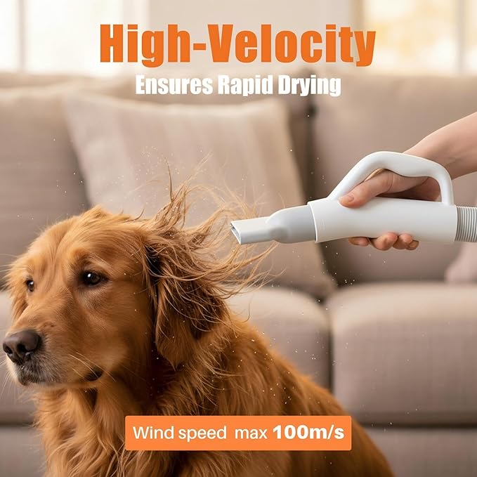 NEWBULIG Dog Hair Dryer, 1550W High Velocity Pet Blow Dryer with Heater for Grooming, Speed Temperature Adjustable Dog Blower Grooming Dryer with 4 Nozzles