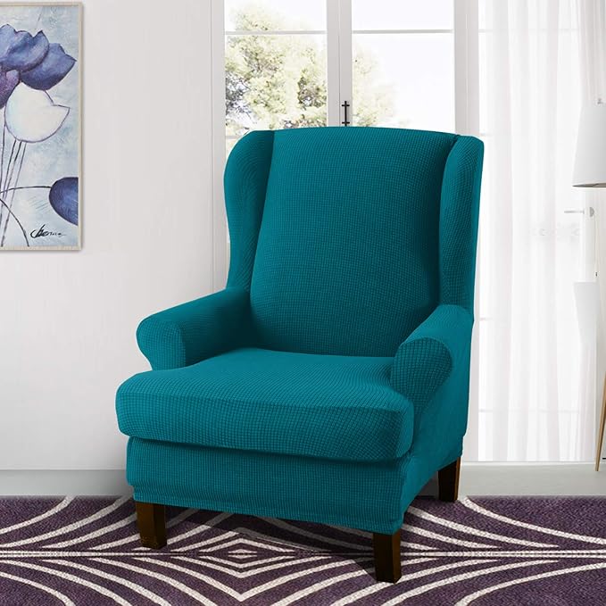 Granbest Premium Water Repellent Wingback Chair Cover 2-Piece High Stretch Jacquard Fabric Wing Back Chair Slipcovers (Wing Chair Cover, Blackish Green)