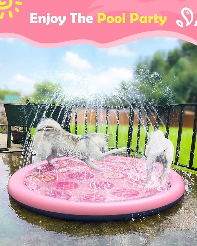 Peteast Anti-Slip Pink Donut Print Splash Pad for Kids and Dogs 0.58 mm Thicken Sprinkler Dog Pool for Summer Outdoor Water Toys - Fun Backyard Play Mat for Children and Pets (Pink 67in)