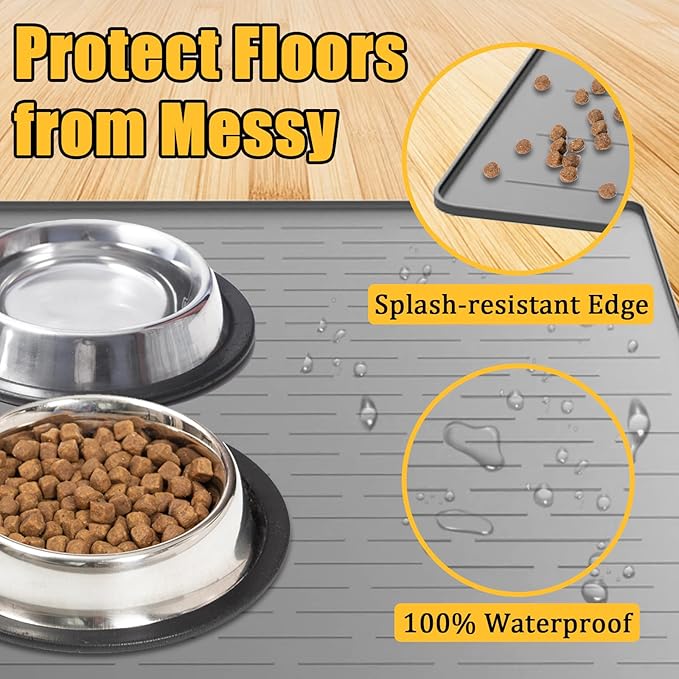 1.5MM Super Thick Dog Food Mat, 40"x30" Silicone Dog and Cat Mats for Food and Water Bowls, Waterproof Pet Feeding Mat for Contain Spills Protects Floors, Multiple Colors & Sizes for Pets, Black