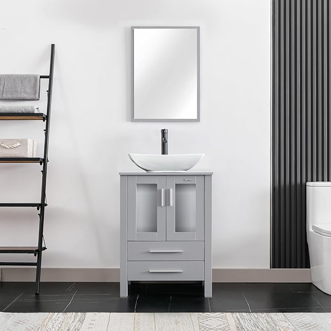 eclife 24" Modern Bathroom Vanity Sink Combo Freestanding Cabinet with Soft Closing Door, White Curved Ceramic Vessel Sink, Water Save Faucet, Drain (Gray+T32)