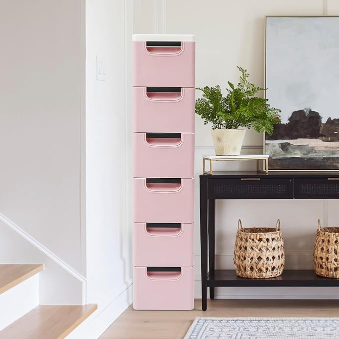 6 Drawers Plastic Storage Cabinet, Mobile Slim Utility Cart on Wheels, for Narrow Space Office Classroom Bedroom Bathroom (Pink)