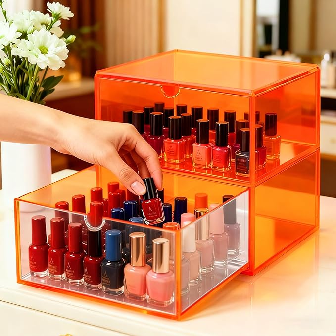 Acrylic Desk Organizer with Drawers Stackable Makeup Organizer for Vanity Office Countertop Cosmetic Display Cases Makeup Storage Box, Neon Orange