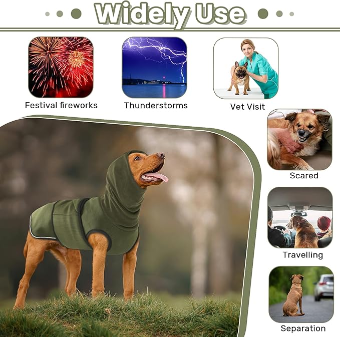 Anxiety Calming Hoodie for Dogs - Breathable Jacket Vest Coat for Thunderstorms, Fireworks, Vet Visits, Separation - Adjustable With Noise Block & Ear Protection Recovery - 2XL, Green