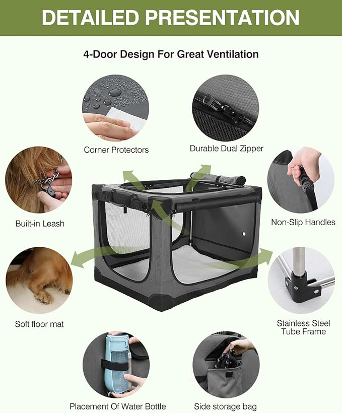 33-Inch Collapsible Travel Dog Crate, Portable 4-Door Soft Kennel for Medium to Large Dogs, Chew-Proof Mesh Windows, Indoor/Outdoor Use, Foldable, with Storage Bag (Grey)
