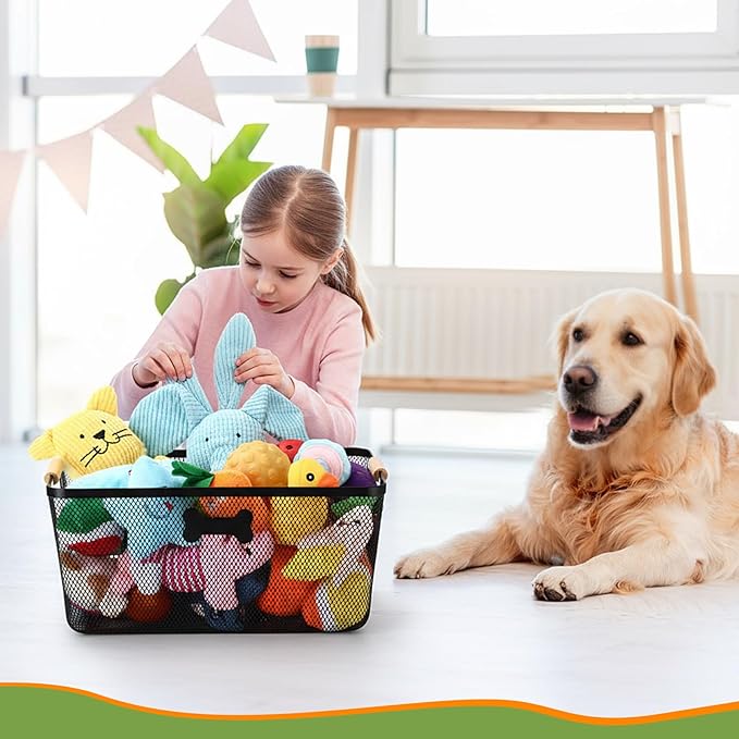 4 Pack Metal Dog Toy Storage Baskets with Wooden Handles, Chew Resistant Pet Organizer Bins for Dog Toys, Leashes, Accessories, Stackable Mesh Pet Storage for Home Outdoor