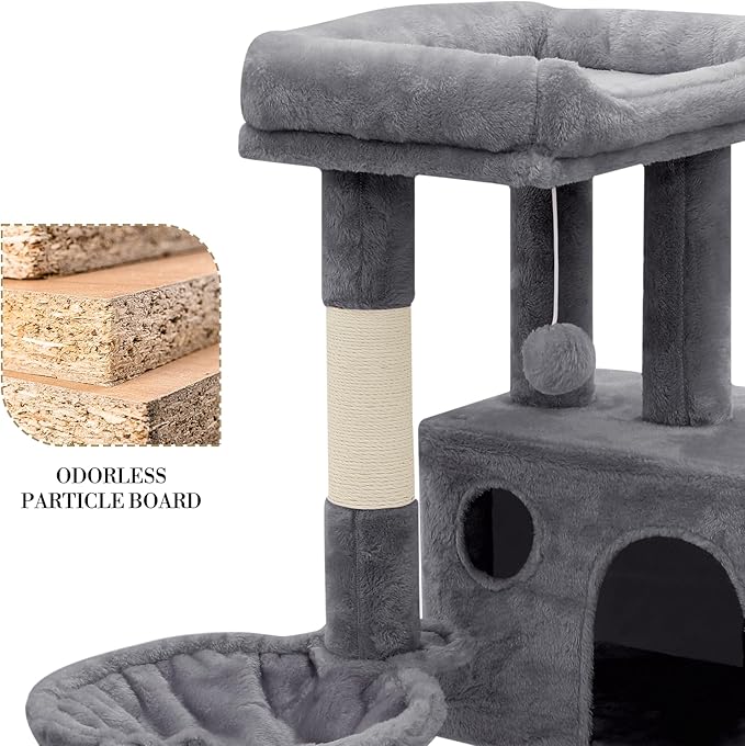 Athena Collection Small Cat Tree, Modern 36 Inch Cute Cat Tree Tower with Scratching Post Condo Hammock Activity Platform and Playing Ball for Indoor, Dark Grey