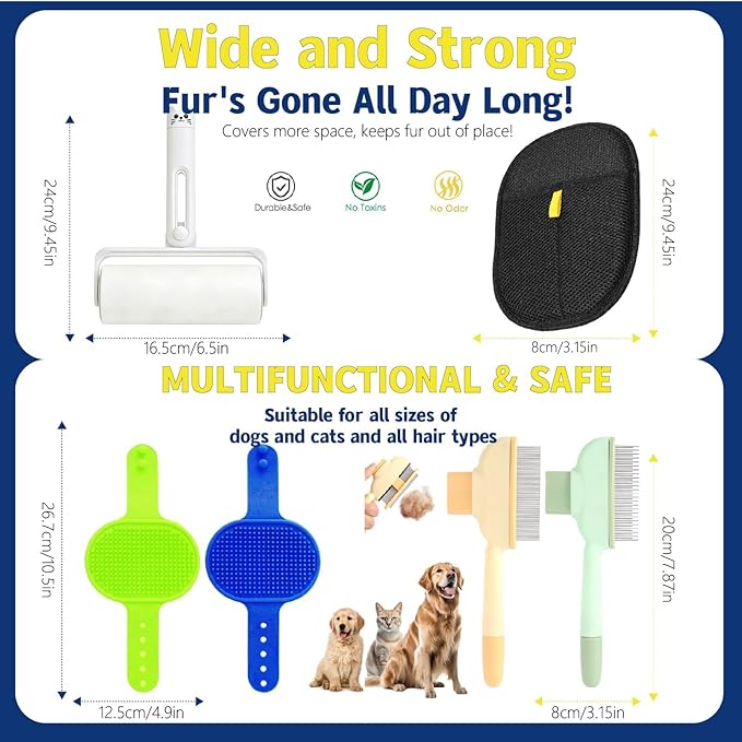 2026New 4-in-1 Pet Hair Removal Kit - Refillable Lint Roller + Self-Cleaning Deshedding Comb + Electrostatic Glove + Soft Rubber Bath Brush, Multi-Surface Hair Remover for Cats/Dogs/Clothes/Yellow