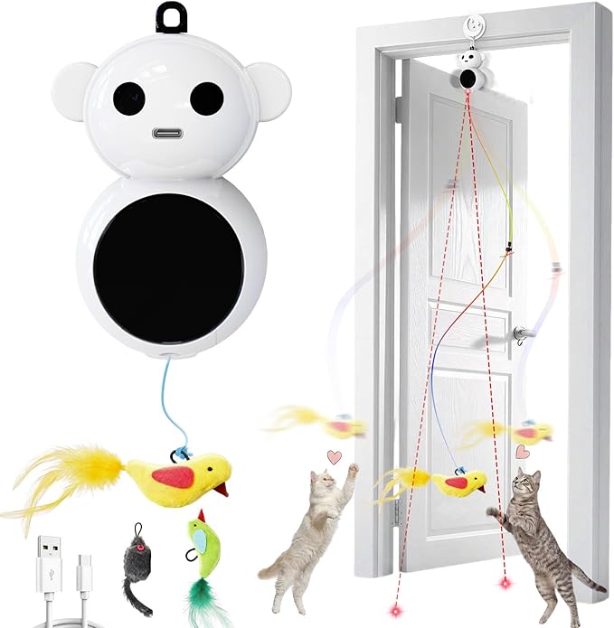 Interactive Cat Toys for Indoor Cats - 2 in 1 Automatic Laser Pointer Cat Toy with Feather Flying Bird，Smart Moving Mouse Wand Toy with 2 Modes, Auto On/Off Hanging Toys for Bored Kitten & Adult Cats
