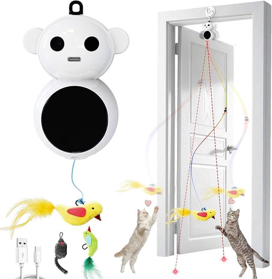 Interactive Cat Toys for Indoor Cats - 2 in 1 Automatic Laser Pointer Cat Toy with Feather Flying Bird，Smart Moving Mouse Wand Toy with 2 Modes, Auto On/Off Hanging Toys for Bored Kitten & Adult Cats
