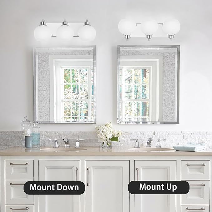 Tuscarora Chrome Vanity Light - 3 Light Bathroom Vanity Light with Milk Glass Shade, Over Mirror Lighting Fixture