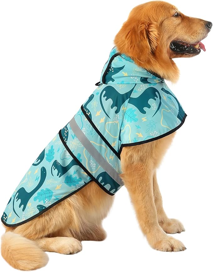 HDE Dog Raincoat Jacket Reflective Adjustable Hooded Pet Poncho Rain Coat with Leash Hole for Small to X-Large Dogs Dinosaurs - L