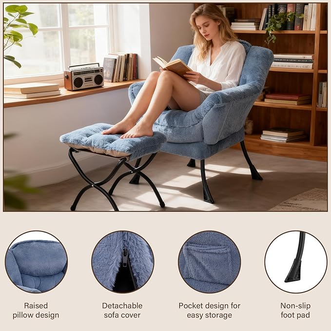 Welnow Lazy Chair with Ottoman, Modern Lounge Accent Chair with Armrests and a Side Pocket, Leisure Sofa Armchair Set, Reading Armchair with Footrest for Small Space, Plush Light Blue
