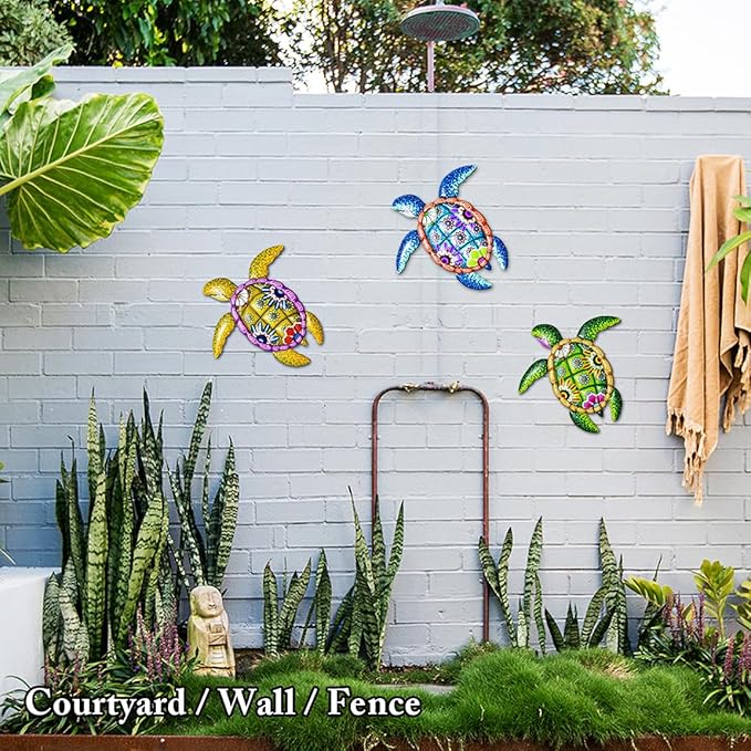 WHBIMGOOO Metal Sea Turtle Wall art Decor，Beach/Ocean/Nautical Theme Outdoor wall decor，Decorations for Garden Backyard Pool Patio Balcony Kitchen or Bathroom (3 Pack)