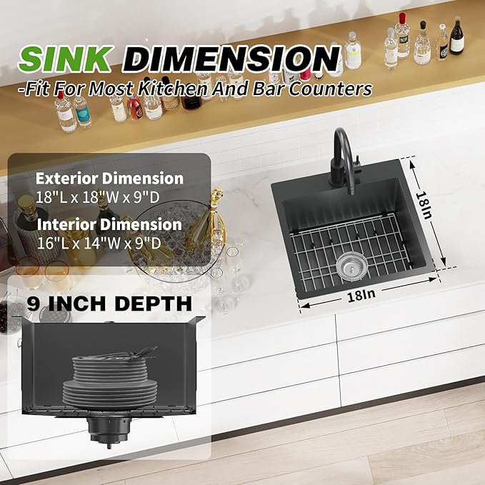 Black Kitchen And Bar Sink, 18x18 Inch Stainless Steel Drop In Modern Single Bowl Small Kitchen And Bar Sink Combo-SS Grid,Silicon Mat,Drain Strainer Set Compatibility With Modern&Classic Style